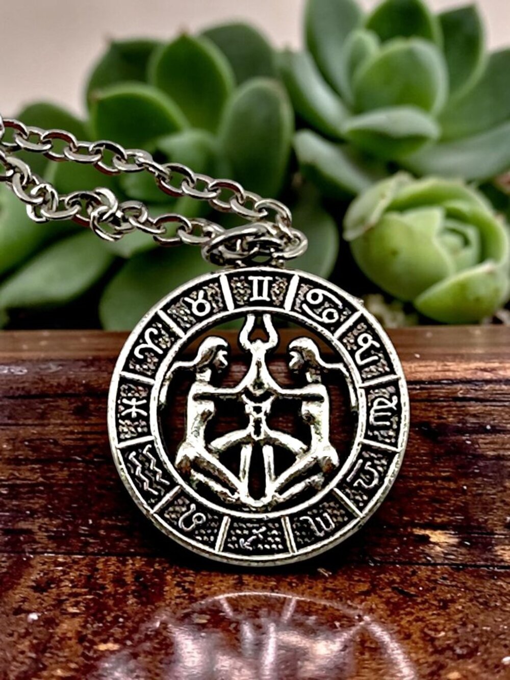 Gemini Zodiac Necklace Astrology Pendant Diamond Cut Stainless Steel Chain